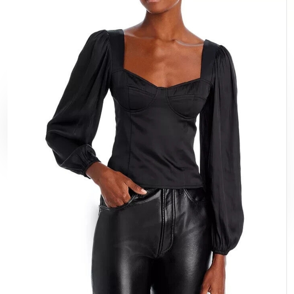 AQUA Chic Black Puff Sleeve Corset Top Size M NWOT